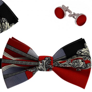 Set papion barbati, batista, butoni,  rosu drojdie de vin, imprimeuri baroce